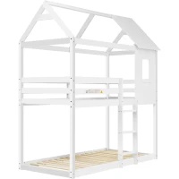 Children's Bunk Bed with Convertible Ladder and Window, Solid Pine Wood Twin Sleeper, Safety Certified, for Kids, Teens, 198x94x221 cm, White(m-9)