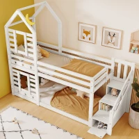 Children's Cabin Bunk Bed with Stairs, Solid Pine Wood Twin Sleeper with Storage and Underbed Drawers for Kids Boys Girls, 235x97x217 cm, White(m-4)
