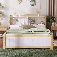 Wooden Double Bed Frame with Storage Headboard, Durable Construction, Ideal for Any Room, Suitable for Adults Kids, 4FT 6 Size, 135x190 cm, White(m-4)