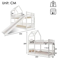 Wooden Tree House Bunk Bed with Slide and Ladder, Toddler Bed Frame for Kids, 90x190 cm, EN 747-1:2012+A1:2015 Certified, White(m-3)