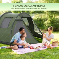 Outsunny Tenda de Campismo para 3-4 Pessoas Impermeável PU2000 mm com Proteção UV30+ Janelas e Bolsa de Transporte 475x264x172 cm Verde(m-4)