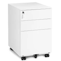 Lockable Mobile File Cabinet with 3 Drawers, Solid Steel Pedestal with 5 Casters and Keys, 39x52x60 cm, White(m-2)