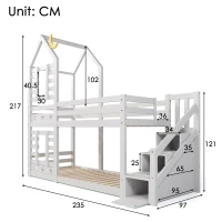 Children's Cabin Bunk Bed with Stairs, Solid Pine Wood Twin Sleeper with Storage and Underbed Drawers for Kids Boys Girls, 235x97x217 cm, White(m-3)