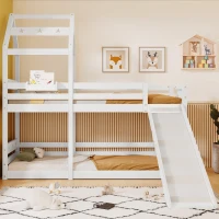 Wooden Tree House Bunk Bed with Slide and Ladder, Toddler Bed Frame for Kids, 90x190 cm, EN 747-1:2012+A1:2015 Certified, White(m-1)