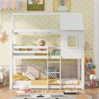 Children's Bunk Bed with Convertible Ladder and Window, Solid Pine Wood Twin Sleeper, Safety Certified, for Kids, Teens, 198x94x221 cm, White(m-7)