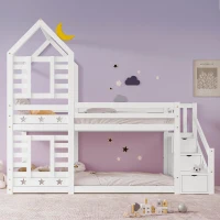 Children's Cabin Bunk Bed with Stairs, Solid Pine Wood Twin Sleeper with Storage and Underbed Drawers for Kids Boys Girls, 235x97x217 cm, White(m-1)