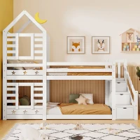 Children's Cabin Bunk Bed with Stairs, Solid Pine Wood Twin Sleeper with Storage and Underbed Drawers for Kids Boys Girls, 235x97x217 cm, White(m-6)