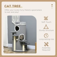 PawHut Barrel Shaped Cat Tree with Sisal Scratching Posts, Cat Bed, Platforms, Hanging Ball, Grey, Grey(m-4)