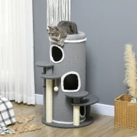 PawHut Barrel Shaped Cat Tree with Sisal Scratching Posts, Cat Bed, Platforms, Hanging Ball, Grey, Grey(m-10)