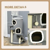 PawHut Barrel Shaped Cat Tree with Sisal Scratching Posts, Cat Bed, Platforms, Hanging Ball, Grey, Grey(m-6)
