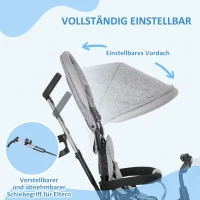 HOMCOM 6-in-1 Kinderdriewieler met Duwstang, Dak, Gordel, Opbergmand, voor 1-5 Jaar, Grijs(m-6)
