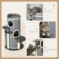 PawHut Barrel Shaped Cat Tree with Sisal Scratching Posts, Cat Bed, Platforms, Hanging Ball, Grey, Grey(m-5)