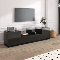 Meuble TV Brillant avec étagères en verre, 2 tiroirs, 2 portes & effets lumineux LED, Planche basse 165x38x43 cm, Noir(m-1)