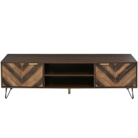 Meuble TV à roulette en bois massif avec 2 portes et 2 compartiments, poignées dorées, pieds en fer, Naturel