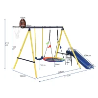 Ensemble de Jeux de Jardin pour Enfants 3-8 Ans avec Balançoire, Toboggan, Panier de Basket et Structure en Métal, Jaune(m-3)