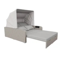 Set canapea de grădină din polyrattan pentru 2 persoane, canapea lounge cu structură din oțel și perne, Khaki(m-1)