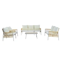 Set mobilier de grădină 7 locuri din PE-ratan și oțel zincat, măsuță cu blat din sticlă temperată cu efect lemn, perne lavabile, Bej(m-1)