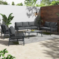 Set mobilier de grădină 7 locuri din PE-ratan și oțel zincat, măsuță cu blat din sticlă temperată cu efect lemn, perne lavabile, Gri(m-2)