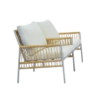 Set mobilier de grădină 7 locuri din PE-ratan și oțel zincat, măsuță cu blat din sticlă temperată cu efect lemn, perne lavabile, Bej(m-6)