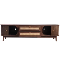 Meuble TV mobile en rotin avec portes et tiroirs, style rustique, Naturel(m-10)