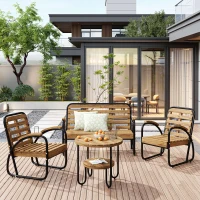 Ensemble de Salon de Jardin 4 Places en Acier Galvanisé et Bois d'Acacia, Canapé, 2 Chaises et Table, Naturel+gris(m-1)