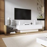 Meuble TV moderne de style campagne avec panneaux en verre et éclairage LED, Blanc(m-1)