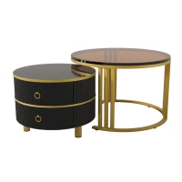 Table basse gigogne 2-en-1 en MDF avec plateau brillant et en verre trempé, combinaison pour salon avec 2 tiroirs, 70x70x45 + 50x50x40 cm, Noir(m-10)