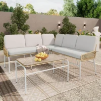 Ensemble de Salon de Jardin en Résine Tressée pour 4-5 Personnes avec Canapé d'Angle, Table Basse en Verre Trempé et Coussins, Gris Clair + naturel(m-1)
