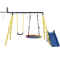 Ensemble de Jeux de Jardin pour Enfants 3-8 Ans avec Balançoire, Toboggan, Panier de Basket et Structure en Métal, Jaune(m-2)