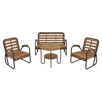 Ensemble de Salon de Jardin 4 Places en Acier Galvanisé et Bois d'Acacia, Canapé, 2 Chaises et Table, Naturel+gris(m-2)