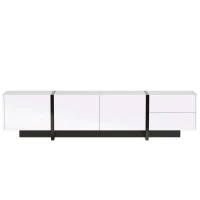 Meuble TV mobile avec panneau et pieds en blocs, avec portes et tiroirs, design linéaire, Blanc(m-9)