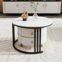 Ensemble de tables basses gigognes en MDF avec plateau brillant et marbre blanc, combinaison pour salon avec 2 tiroirs, Noir(m-9)
