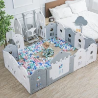Parc pour enfants 160x160x77 cm, 14 panneaux, barrière de sécurité en plastique avec porte, panneau de jouets, panier de basket, balançoire, Gris(m-7)