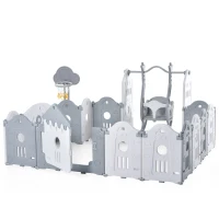 Parc pour enfants 160x160x77 cm, 14 panneaux, barrière de sécurité en plastique avec porte, panneau de jouets, panier de basket, balançoire, Gris(m-2)