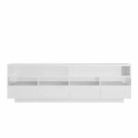 Meuble TV moderne scandinave avec éclairage LED, deux étagères et quatre tiroirs, finition brillante, Blanc(m-9)