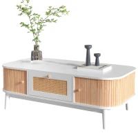 Table basse en rotin avec tiroirs et portes de style rustique naturel en solde, Blanc(m-9)