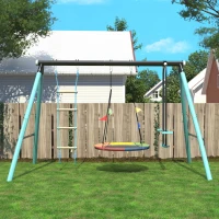 Ensemble de Jeu de Jardin pour Enfants de 3 à 8 Ans avec Balançoire Nid, Échelle d'Escalade, Filet et Balancelle 3 Places, Structure en Métal, Bleu(m-1)