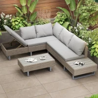 Set de grădină 4 piese din poli-rattan pentru 4-5 persoane cu colțar, masă și perne, huse lavabile, Kaki(m-7)