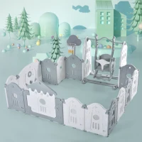 Parc pour enfants 160x160x77 cm, 14 panneaux, barrière de sécurité en plastique avec porte, panneau de jouets, panier de basket, balançoire, Gris(m-1)