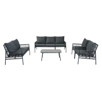 Set mobilier de grădină 7 locuri din PE-ratan și oțel zincat, măsuță cu blat din sticlă temperată cu efect lemn, perne lavabile, Gri(m-1)