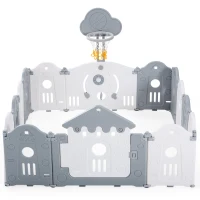 Parc pour enfants 160x160x77 cm, 14 panneaux, barrière de sécurité en plastique avec porte, panneau de jouets, panier de basket, balançoire, Gris(m-10)