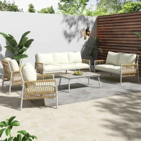 Set mobilier de grădină 7 locuri din PE-ratan și oțel zincat, măsuță cu blat din sticlă temperată cu efect lemn, perne lavabile, Bej(m-2)