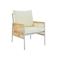 Set mobilier de grădină 7 locuri din PE-ratan și oțel zincat, măsuță cu blat din sticlă temperată cu efect lemn, perne lavabile, Bej(m-5)