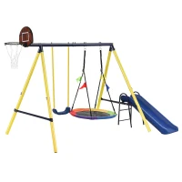 Ensemble de Jeux de Jardin pour Enfants 3-8 Ans avec Balançoire, Toboggan, Panier de Basket et Structure en Métal, Jaune(m-9)