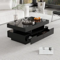 Table basse avec bande LED intégrée, 4 tiroirs avant et arrière, plateau relevable, Noir(m-1)