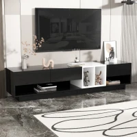 Meuble TV bas suspendu avec panneau brillant, design en blocs de couleur, tiroirs, étagères et espaces de rangement, Noir(m-1)