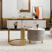 Table basse gigogne 2-en-1 en MDF avec plateau brillant et verre trempé, combinaison pour salon avec 2 tiroirs, 70x70x45 + 50x50x40 cm, Gris(m-1)