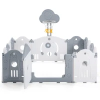 Parc pour enfants 160x160x77 cm, 14 panneaux, barrière de sécurité en plastique avec porte, panneau de jouets, panier de basket, balançoire, Gris(m-9)