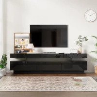 Meuble TV mobile à roulettes avec finition brillante et bande LED noire, Noir(m-8)