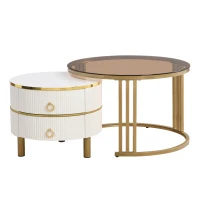 Table basse gigogne 2-en-1 en MDF avec plateaux en verre trempé et 2 tiroirs pour salon, Blanc(m-9)